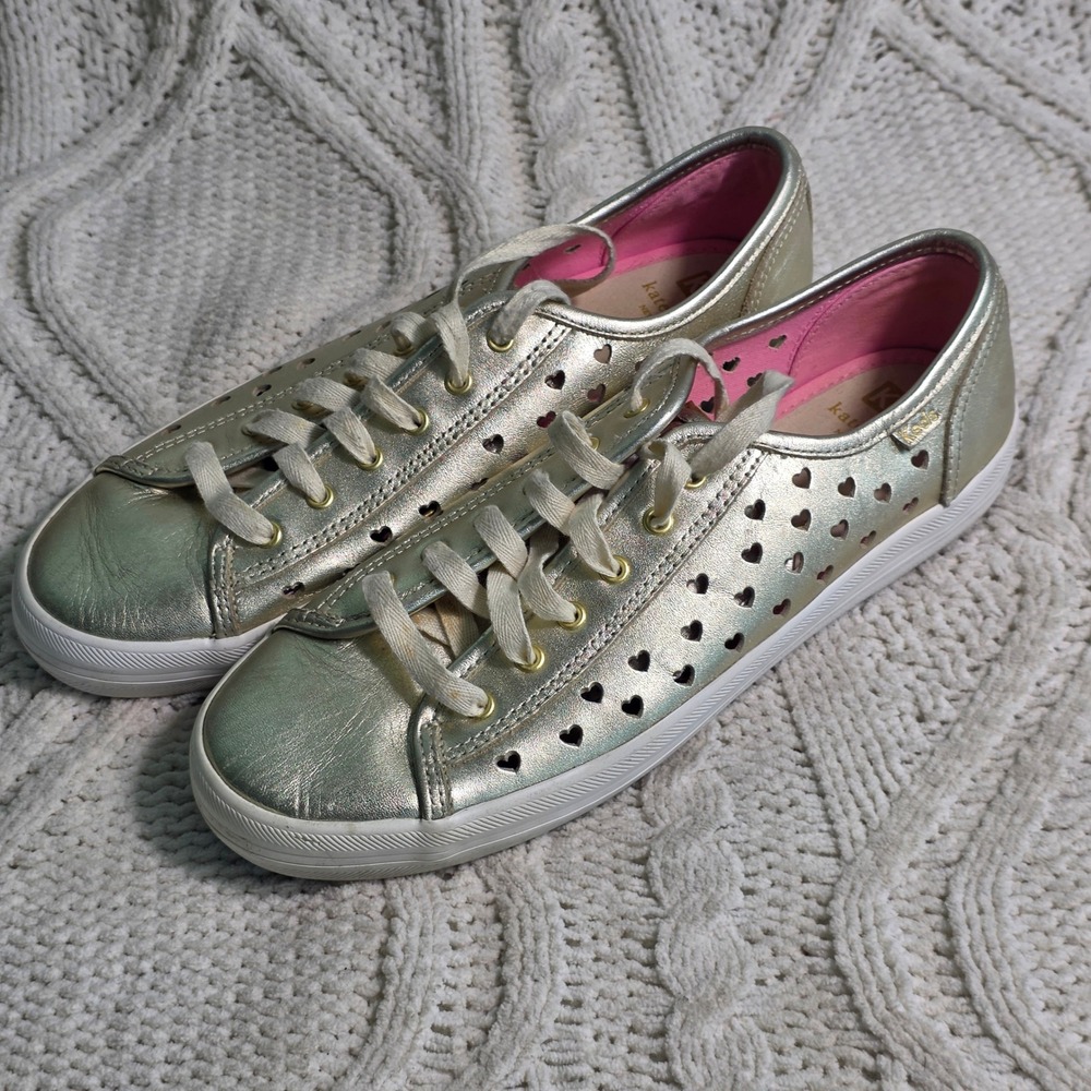 Kate Spade x Keds Sneakers Gold Heart Perforated Leather Womens 8.5 Excellent